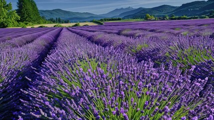 Naklejka premium A field of lavender flowers in front of a majestic mountain range with a clear blue sky and fluffy white clouds overhead