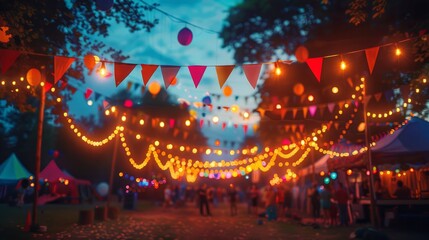 A festive scene with colorful lights and banners hanging overhead