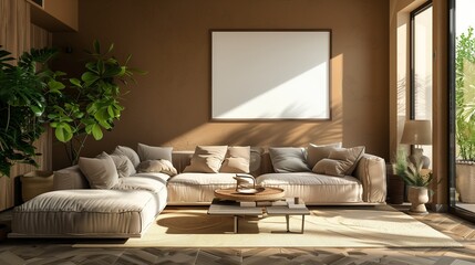 A contemporary living room with earthy tones and a comfortable sectional sofa, featuring an empty frame on the wall for personalization.