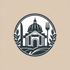 Farm-to-table cuisine emblem with classic architecture