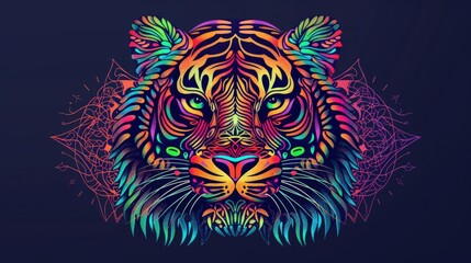 Psychedelic tiger head with symmetrical mandala shapes. Animal Totem, spiritual guide, mystical emblem of the shaman