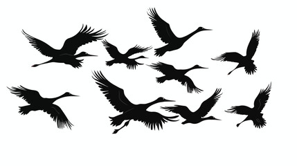 Vector hand drawn crane flock of birds black silhou