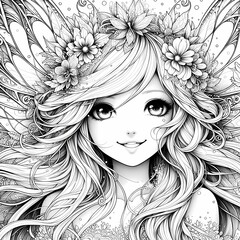 Fototapeta premium Whimsical Fantasy Garden Fairy Coloring Page White Ink, Ultra Cute Portrait