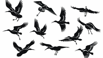 Vector hand drawn crane flock of birds black silhou
