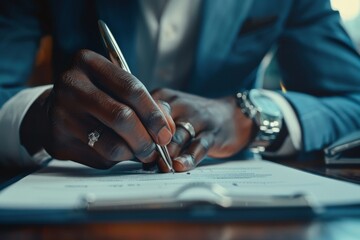 A Black man in a tailored suit signing documents