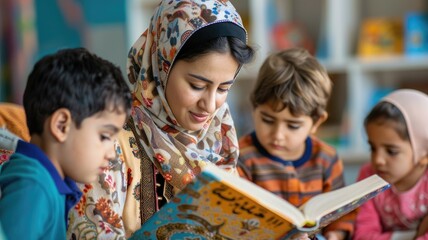 Woman reading to children Diverse group, engaging storytelling session in library