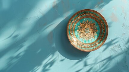 Ornate turquoise and gold plate mounted on blue textured wall