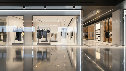 Front view of clothing store mockup. Facade of apparel store with empty neon sign and wide glass window in a mall.