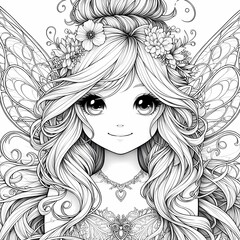 Fototapeta premium Whimsical Fantasy Garden Fairy Coloring Page White Ink, Ultra Cute Portrait
