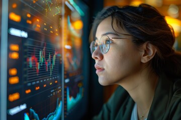 An asian woman in glasses analyzes data on a computer screen