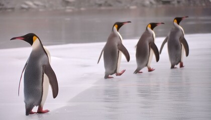 Obraz premium 氷上を行進するペンギンたち - 極寒の大地での可愛らしいひととき