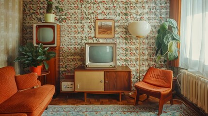 A living room with a television, a plant, and two orange chairs