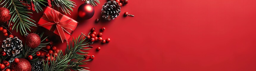 Christmas and New Year background with red gift box, holly berries, pine branches and decorations on the left side of the banner, flat lay top view copy space concept, high detail, bright studio light