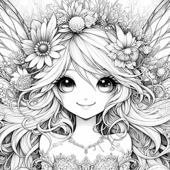 Whimsical Fantasy Garden Fairy Coloring Page White Ink, Ultra Cute Portrait