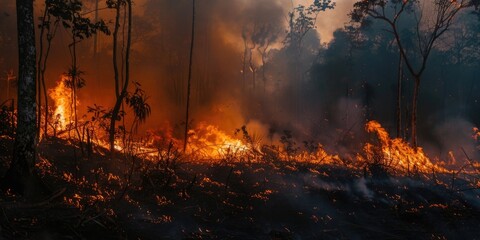  Rainforest fire, wildfire, smoke disaster is burning caused by humans during the dry season