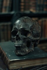 Decayed Skull on Antique Books in Library
