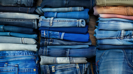 Various blue jeans in the department store. Collection of jeans trousers showcase on hanger inside clothing store.