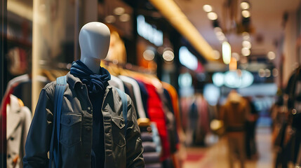 Outdoor clothes showcase. Mannequin in the outdoor apparel store. Collection of various travelling wear for sale.