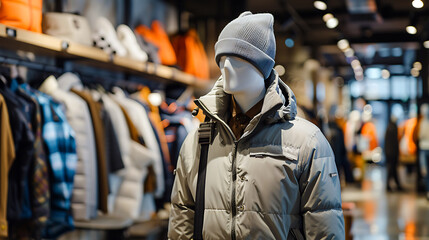 Outdoor clothes showcase. Mannequin in the outdoor apparel store. Collection of various travelling wear for sale.