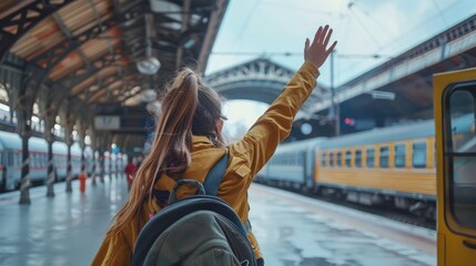 A poignant farewell at the train station: a young girl waves goodbye to a boy, capturing the emotional intensity of their parting moment in a touching scene. Girl waving to a boy