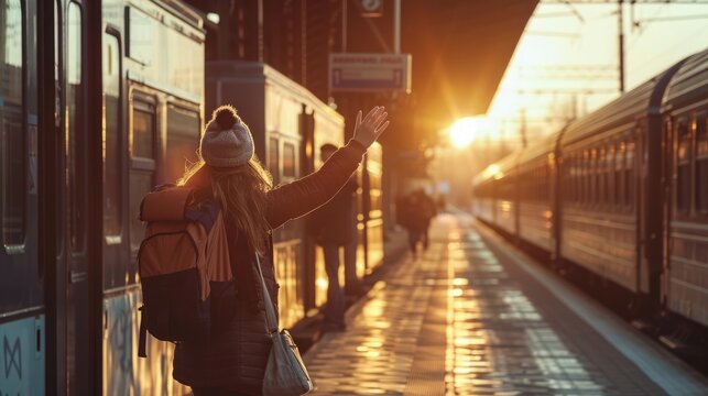 At the train station, a young girl waves goodbye to a boy in an emotional farewell scene, capturing the bittersweet moment of parting with heartfelt emotions. Girl waving to a boy