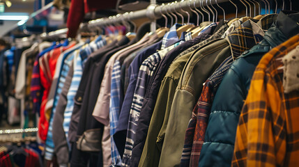 Various shirt showcase on hanger. Diverse apparel collection for sale at clothing store in the mall.