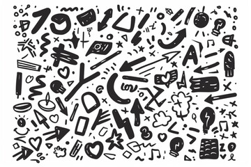 Collection of random hand drawn scribble of stroke, shape, number and alphabet vector set set vector icon, white background, black colour icon