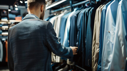 Young man is looking and carefully choosing outfit at clothes in the clothing store. Young male searching for the perfect outfit through the racks. Fashion shopping and people concept.