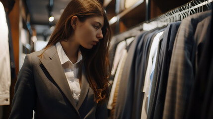 Young woman wearing suit is looking at clothes in the clothing store. Young female browsing and carefully choosing outfit through the racks. Fashion shopping and people concept.