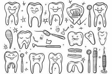 Dentistry doodles icon set. Hand drawn lines dental on white background. Vector illustrations for design set vector icon, white background, black colour icon