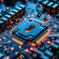 Fototapeta premium A close up of a computer chip with a keyhole in it. The chip is a microprocessor and the keyhole is a security feature