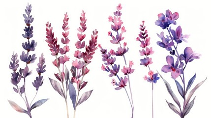 Red and pink Watercolor province lavender set. Flowers isolated on white background