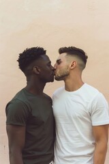 Gay couple kissing on beige background. Multiethnic LGBTQ couple of homosexual men smiling and kissing. Gay lifestyle concept. Pride Month, Pride Day in June. Diversity, freedom and pride LGBT people