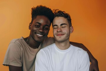 Obraz premium Gay couple hugging on orange background. Multiethnic LGBTQ couple of homosexual men smiling and embracing. Gay lifestyle concept. Pride Month, Pride Day. Diversity, freedom and pride LGBT people