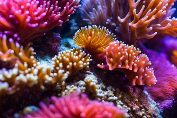 Macro shot of coral polyps and the vibrant marine life