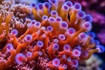 Macro shot of coral polyps and the vibrant marine life
