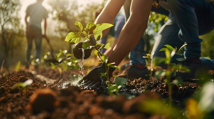 men are planting trees and watering them to help increase oxygen in the air and reduce global warming, Save world save life and Plant a tree