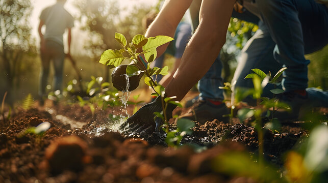 men are planting trees and watering them to help increase oxygen in the air and reduce global warming, Save world save life and Plant a tree