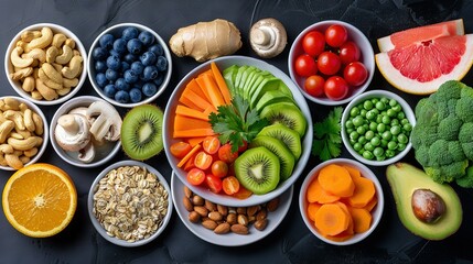   A colorful array of fruits, vegetables, and nuts arranged in white bowls on a dark background