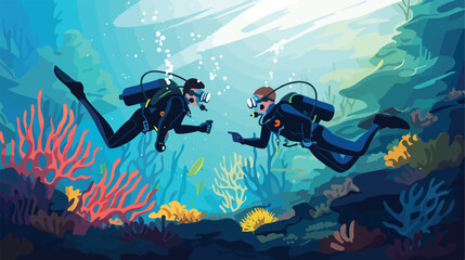 Vector illustration of scuba divers greeting while