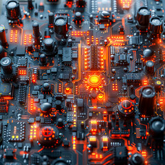 Fototapeta premium A close up of a computer chip with a light on it. The chip is surrounded by other electronic components