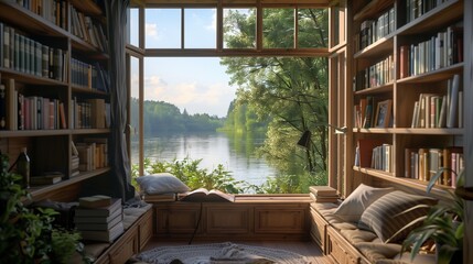 A cozy reading corner with built-in bookshelves and a window seat overlooking a serene lake.