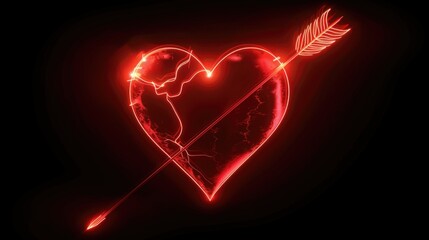 Red neon glowing heart shape pierced by an arrow on black
