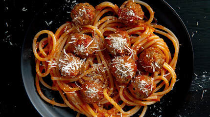   Spaghetti with meatballs, covered in sauce and sprinkled with Parmesan cheese on top