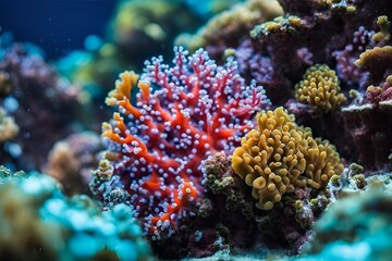 Obraz premium Macro shot of coral polyps and the vibrant marine life