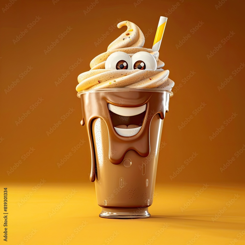 Wall mural Cute Cartoon Chocolate Shake Food Character with Big Eyes