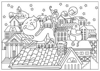 Coloring page. Cats on the roofs of city houses at night. Coloring game for kids. Printable education worksheet. Sketch vector illustration.