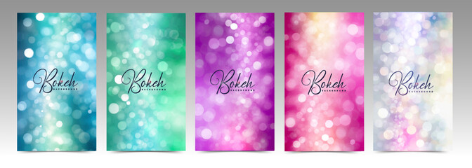 Bokeh cover collection. Shimmering and bright background: blue, green, purple, fuchsia and white colors.