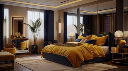 A glamorous Hollywood Regency bedroom with navy blue velvet curtains, yellow silk bedding, and mirrored furniture.