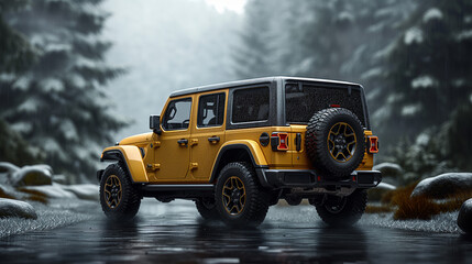 Product photo advertisement of a yellow jeep in a winter forest